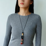 Long Tassel Necklace with Obsidian, Rose Stone & Wood Beads - floysun