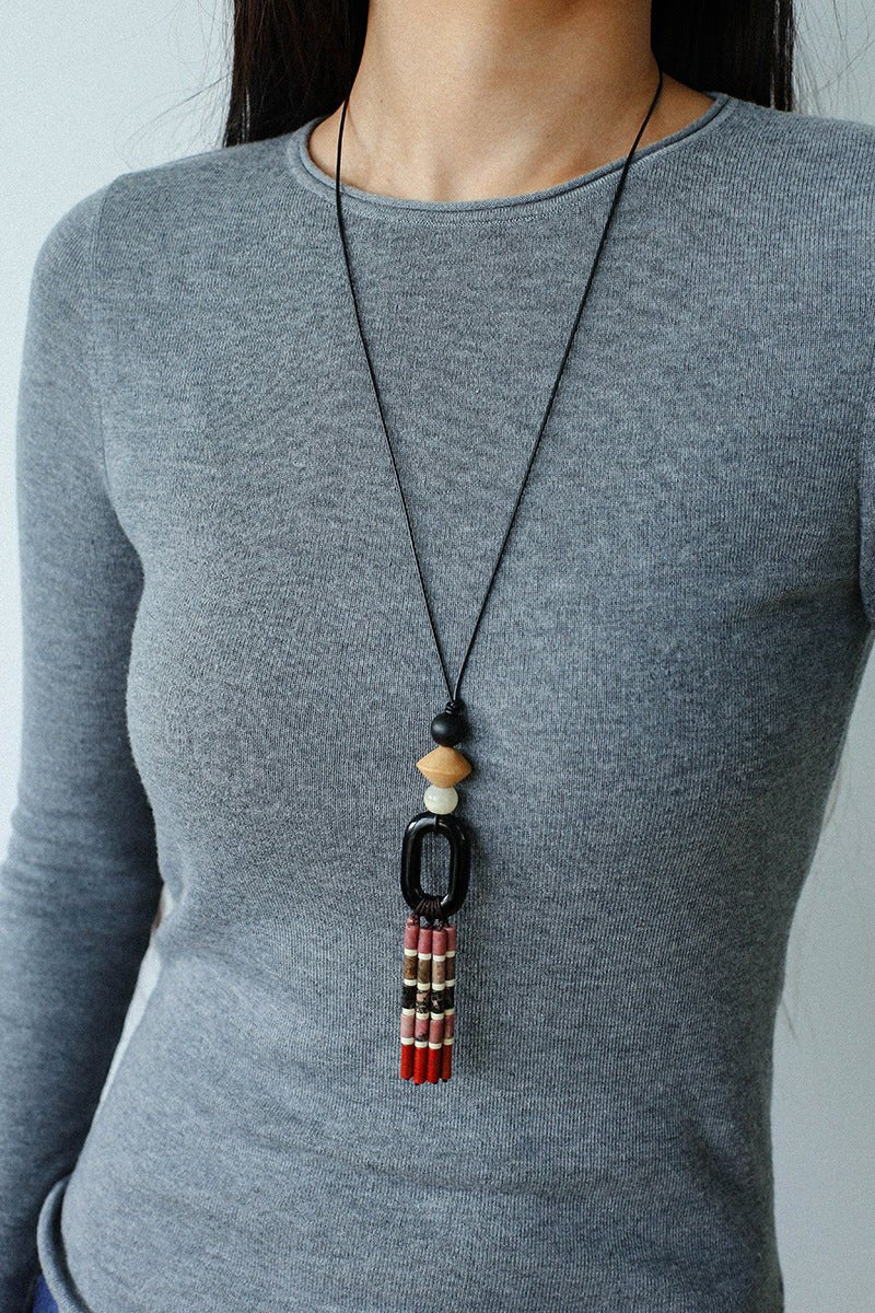 Long Tassel Necklace with Obsidian, Rose Stone & Wood Beads - floysun