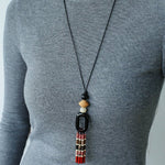 Long Tassel Necklace with Obsidian, Rose Stone & Wood Beads - floysun