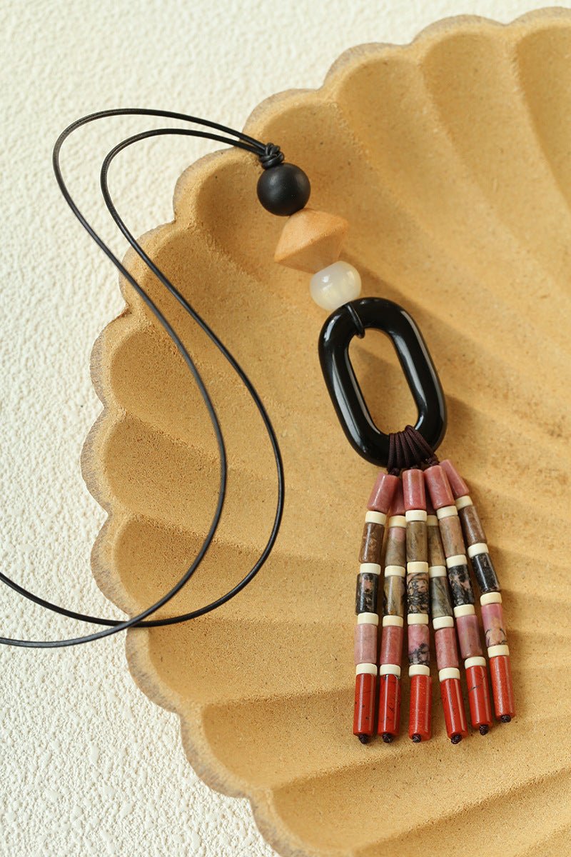 Long Tassel Necklace with Obsidian, Rose Stone & Wood Beads - floysun