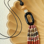 Long Tassel Necklace with Obsidian, Rose Stone & Wood Beads - floysun