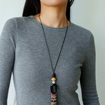 Long Tassel Necklace with Obsidian, Rose Stone & Wood Beads - floysun