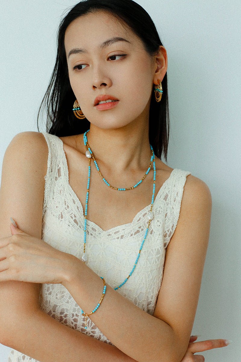 Long Turquoise & Gold Bead Spacer Necklace with Baroque Pearl Accents - floysun