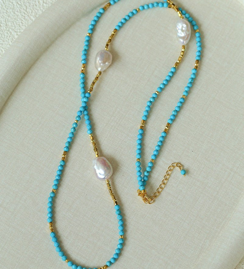Long Turquoise & Gold Bead Spacer Necklace with Baroque Pearl Accents - floysun