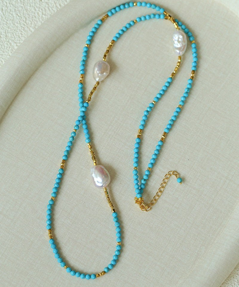 Long Turquoise & Gold Bead Spacer Necklace with Baroque Pearl Accents - floysun