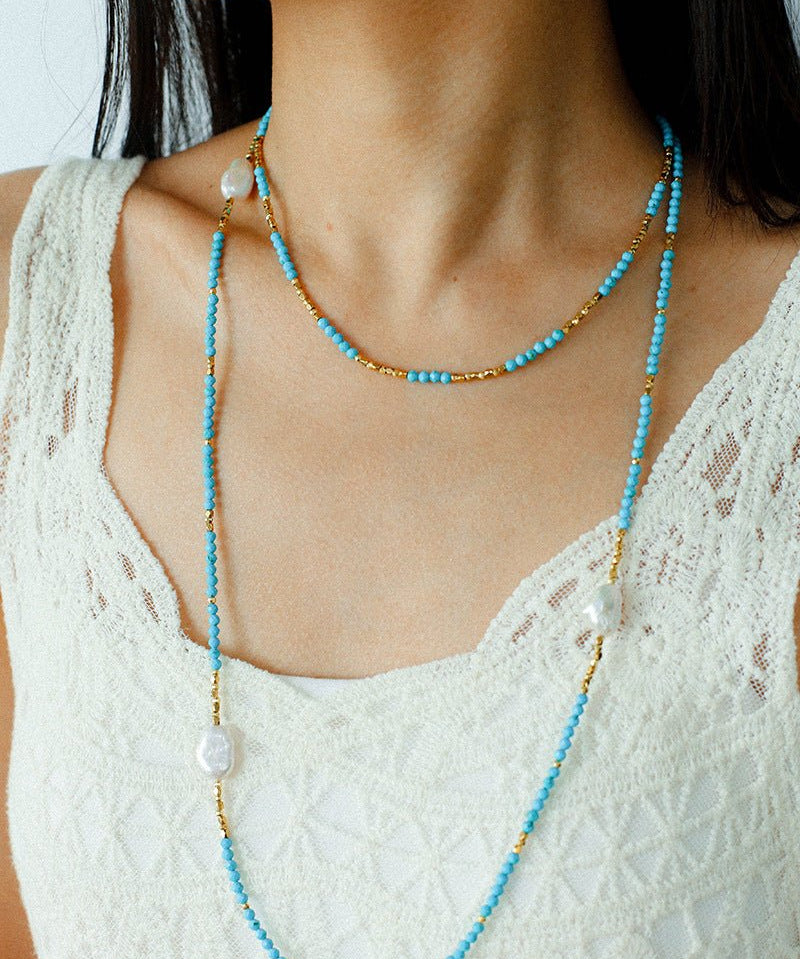 Long Turquoise & Gold Bead Spacer Necklace with Baroque Pearl Accents - floysun