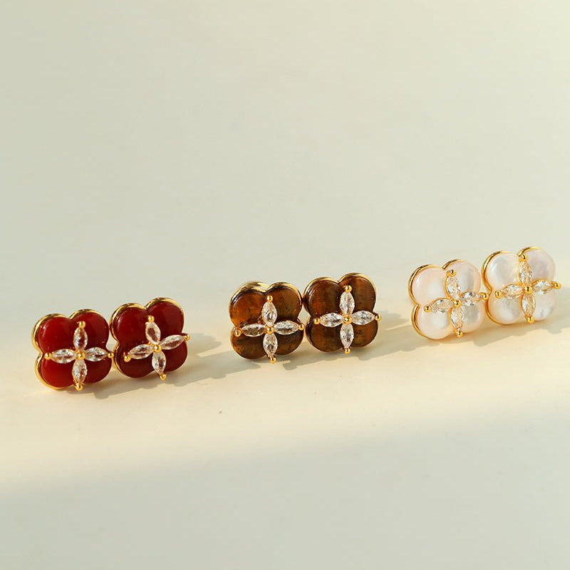 Lucky Clover Natural Stone Stud Earrings - floysun