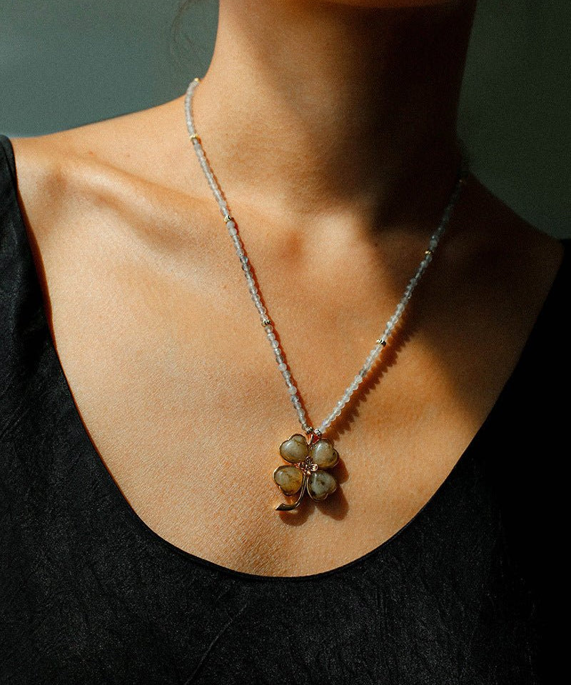 Lucky Four - leaf Clover Labradorite Charm Necklace - floysun