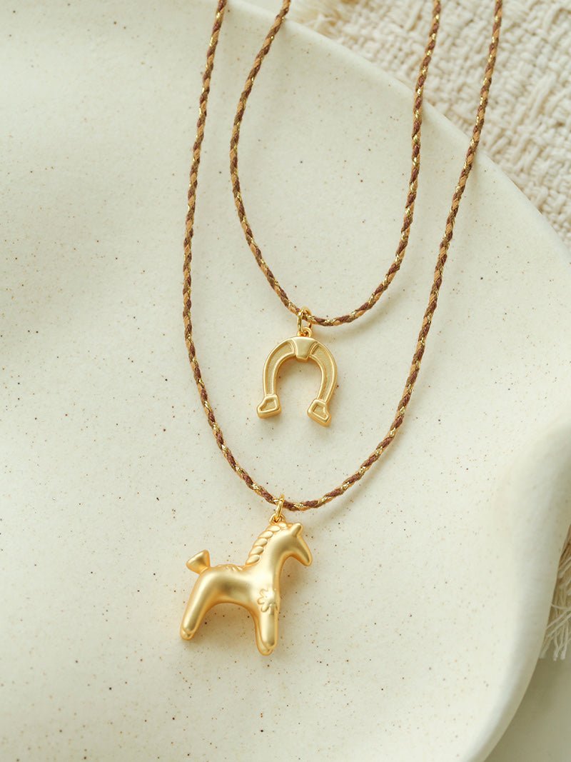 Lucky Horse & Horseshoe 2Pcs Cord Necklace Set | Meaningful Stackable Choker - floysun