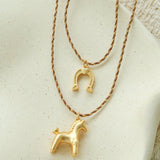 Lucky Horse & Horseshoe 2Pcs Cord Necklace Set | Meaningful Stackable Choker - floysun