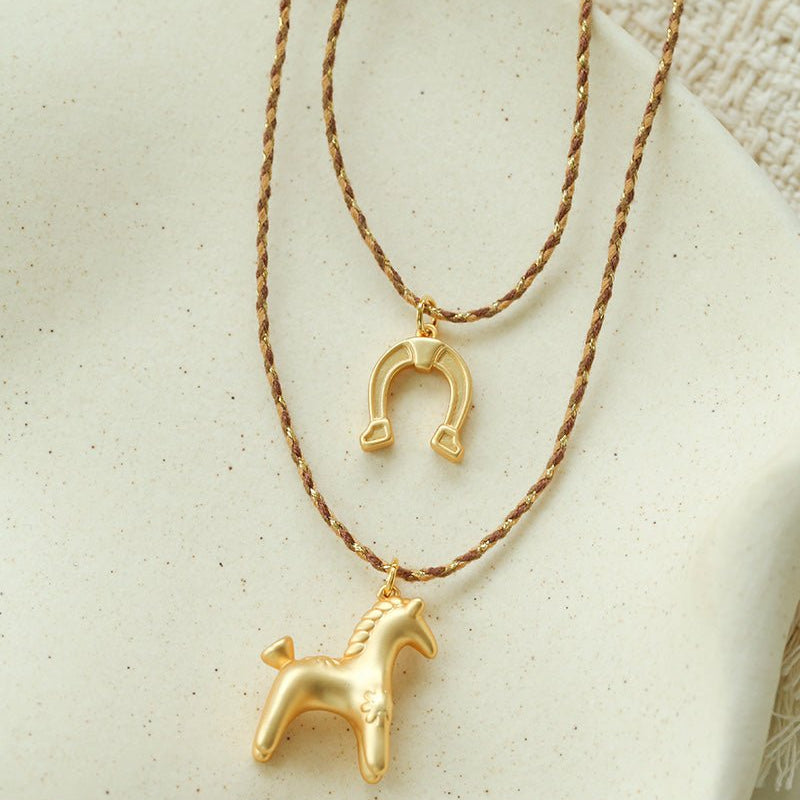 Lucky Horse & Horseshoe 2Pcs Cord Necklace Set | Meaningful Stackable Choker - floysun