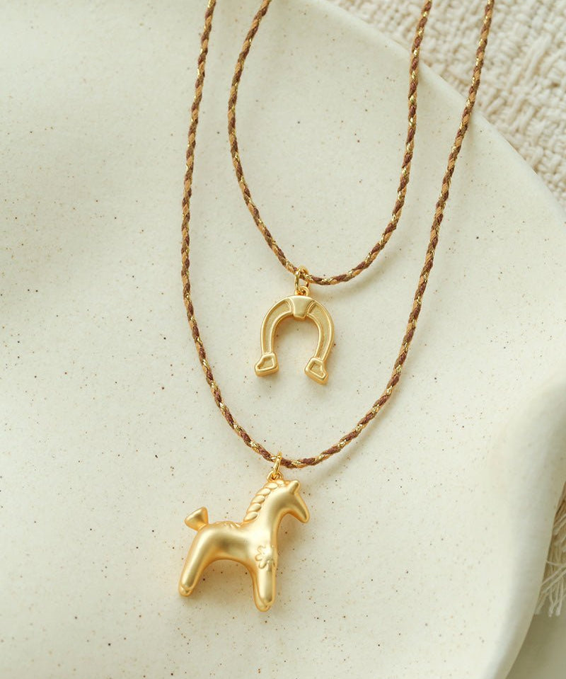 Lucky Horse & Horseshoe 2Pcs Cord Necklace Set | Meaningful Stackable Choker - floysun