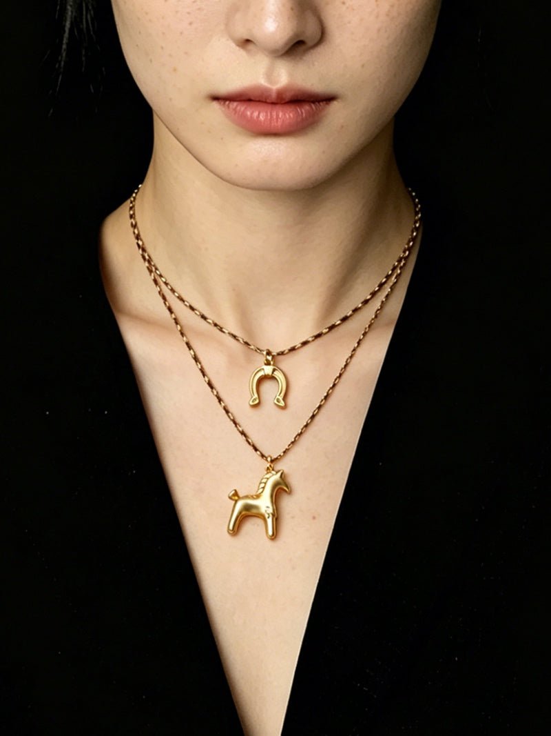 Lucky Horse & Horseshoe 2Pcs Cord Necklace Set | Meaningful Stackable Choker - floysun