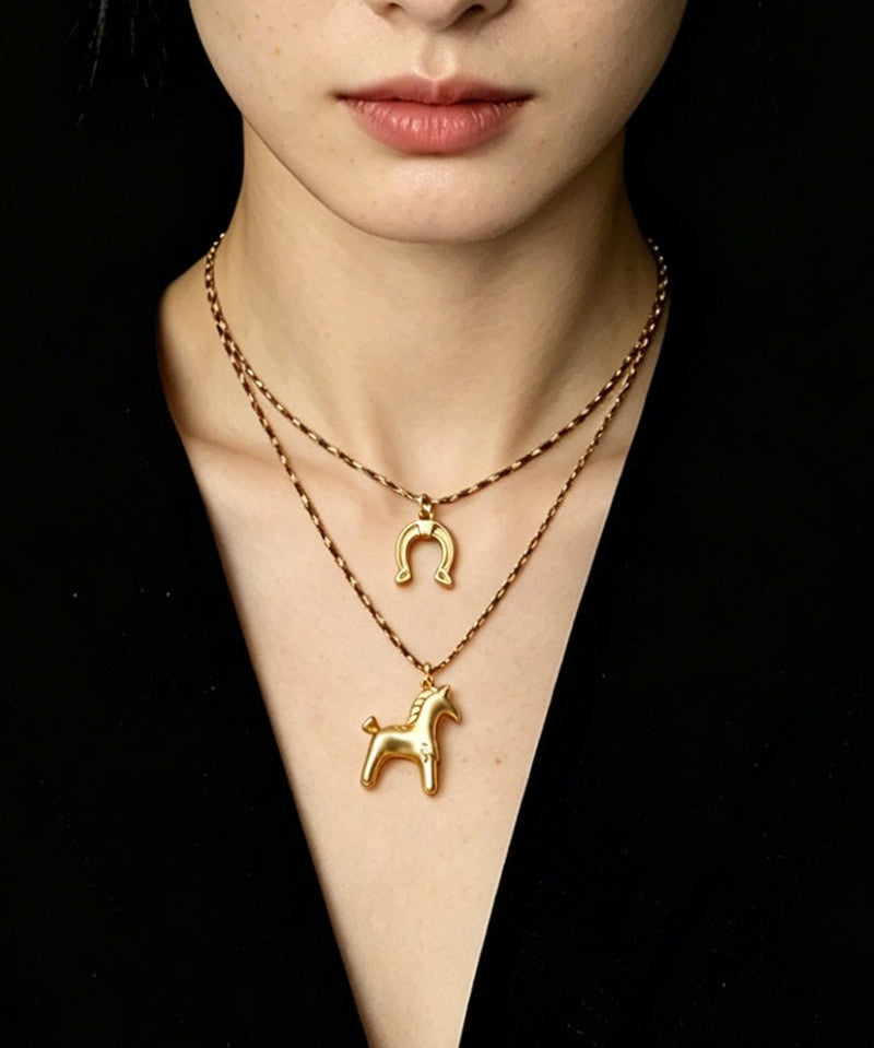Lucky Horse & Horseshoe 2Pcs Cord Necklace Set | Meaningful Stackable Choker - floysun