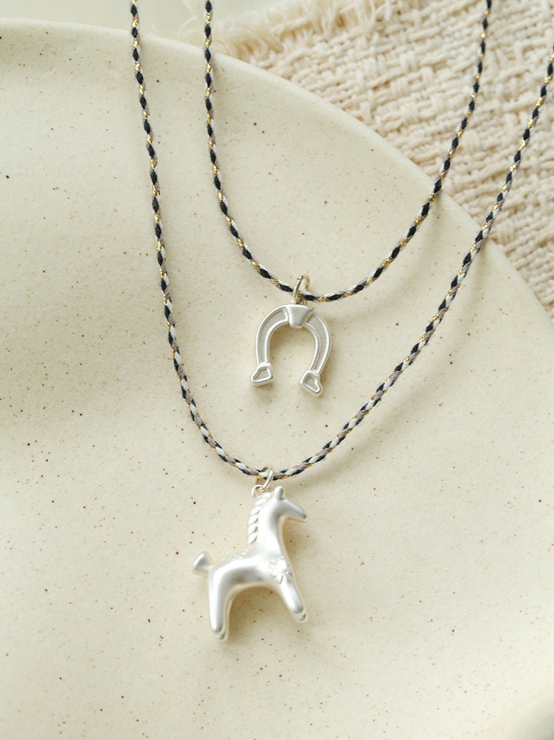 Lucky Horse & Horseshoe 2Pcs Cord Necklace Set | Meaningful Stackable Choker - floysun