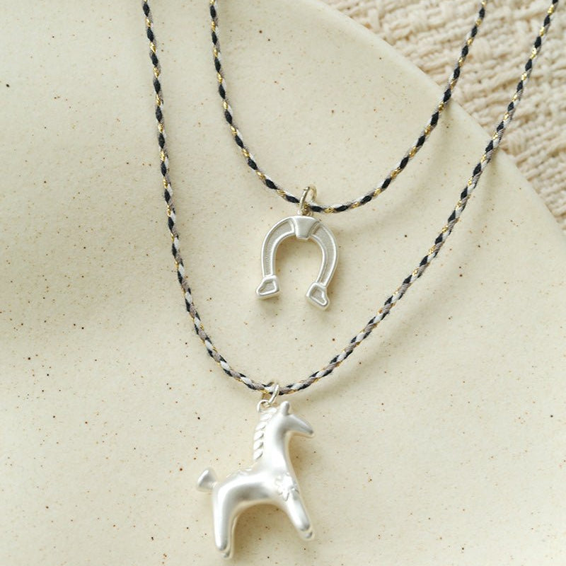 Lucky Horse & Horseshoe 2Pcs Cord Necklace Set | Meaningful Stackable Choker - floysun