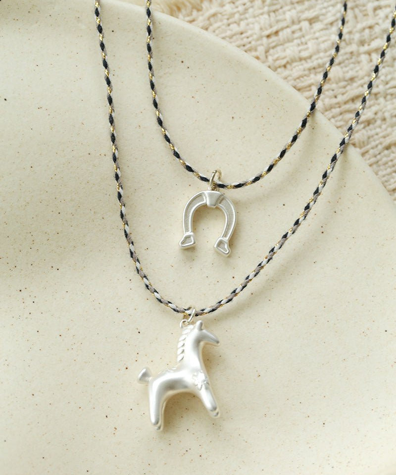Lucky Horse & Horseshoe 2Pcs Cord Necklace Set | Meaningful Stackable Choker - floysun