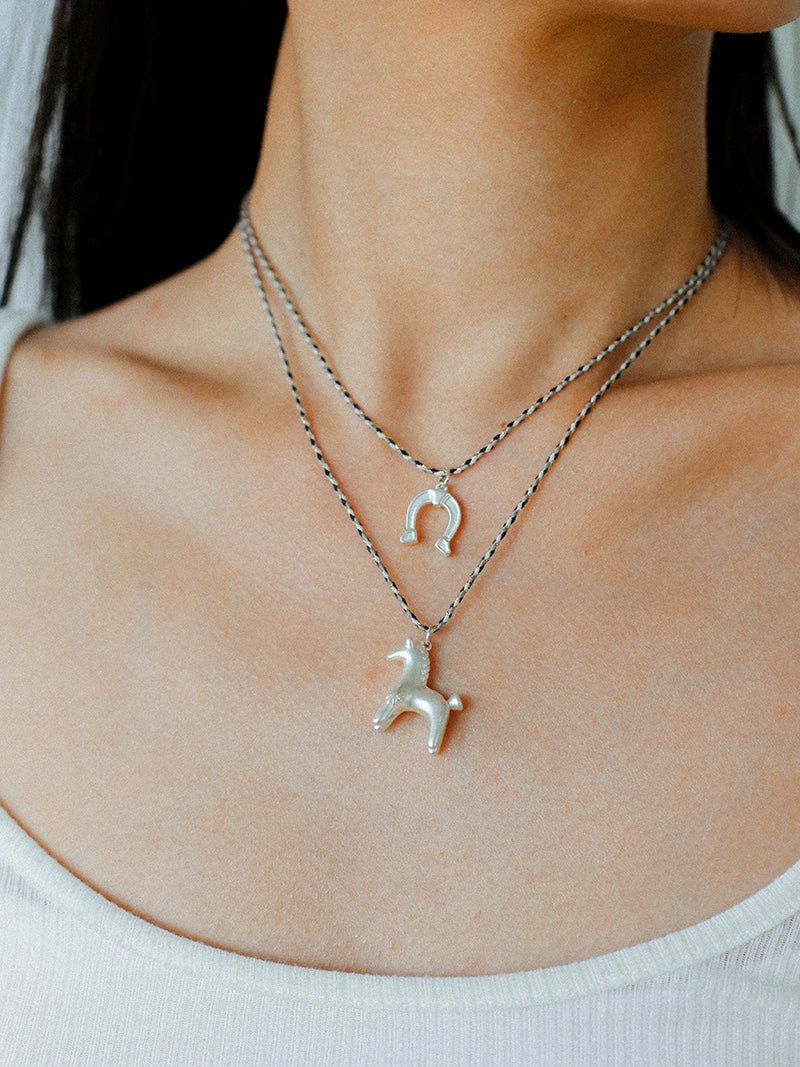 Lucky Horse & Horseshoe 2Pcs Cord Necklace Set | Meaningful Stackable Choker - floysun