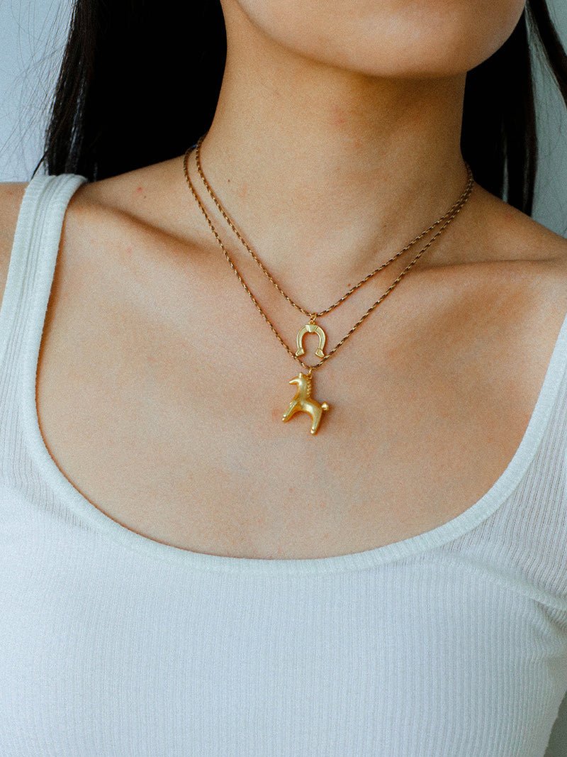 Lucky Horse & Horseshoe 2Pcs Cord Necklace Set | Meaningful Stackable Choker - floysun