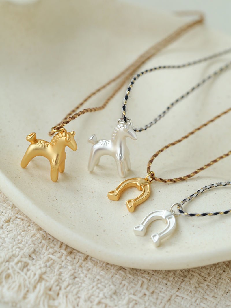 Lucky Horse & Horseshoe 2Pcs Cord Necklace Set | Meaningful Stackable Choker - floysun