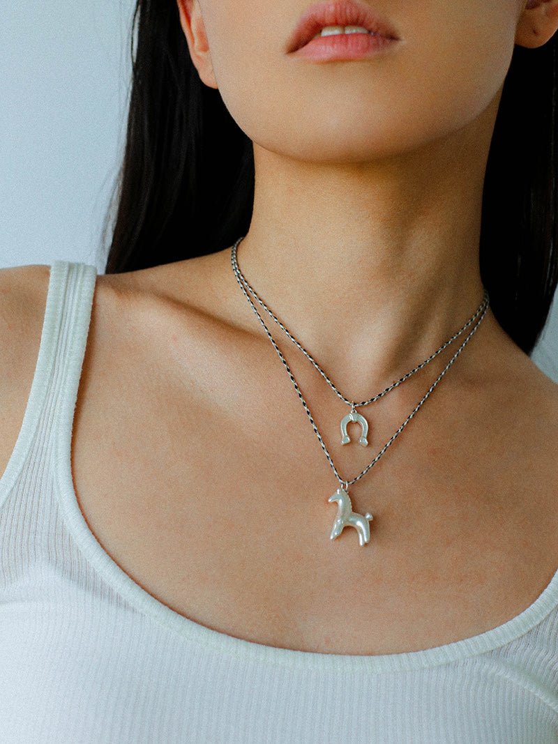 Lucky Horse & Horseshoe 2Pcs Cord Necklace Set | Meaningful Stackable Choker - floysun