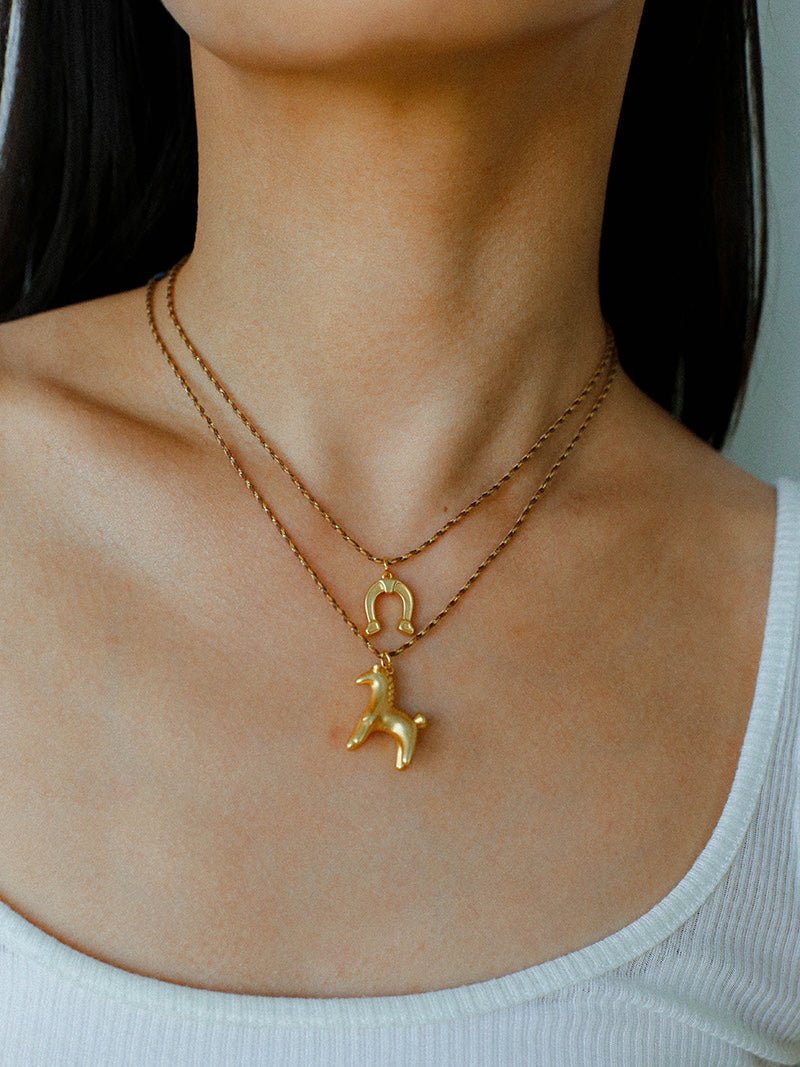 Lucky Horse & Horseshoe 2Pcs Cord Necklace Set | Meaningful Stackable Choker - floysun