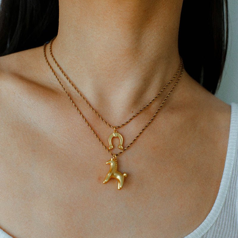 Lucky Horse & Horseshoe 2Pcs Cord Necklace Set | Meaningful Stackable Choker - floysun