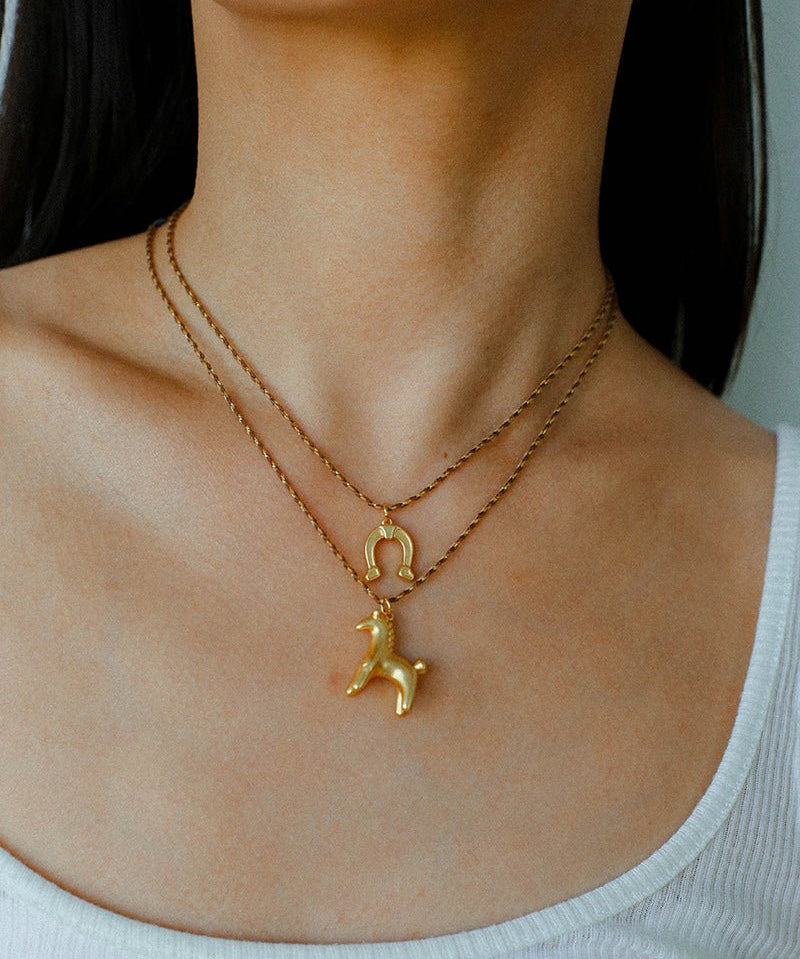 Lucky Horse & Horseshoe 2Pcs Cord Necklace Set | Meaningful Stackable Choker - floysun