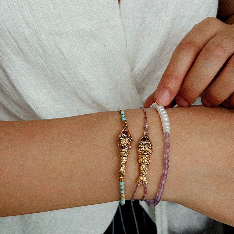 Lucky Little Fish Bracelet Turquoise Beads or Pink Cord - floysun