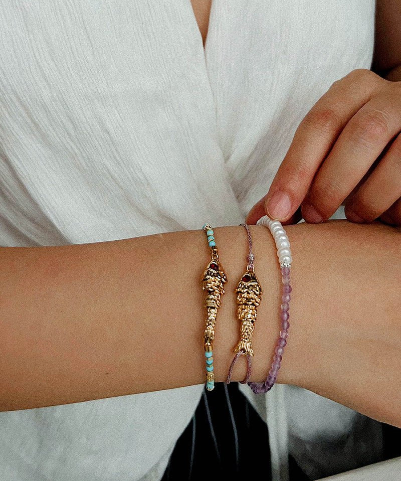 Lucky Little Fish Bracelet Turquoise Beads or Pink Cord - floysun