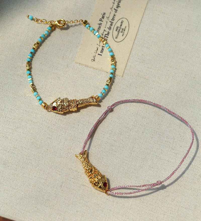 Lucky Little Fish Bracelet Turquoise Beads or Pink Cord - floysun