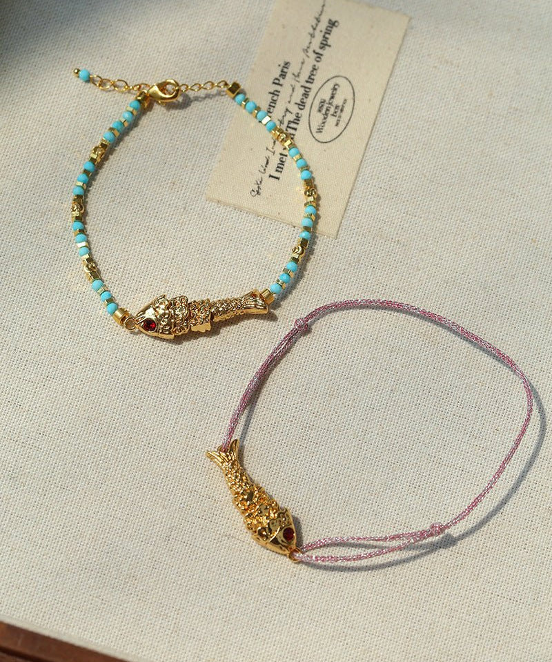 Lucky Little Fish Bracelet Turquoise Beads or Pink Cord - floysun
