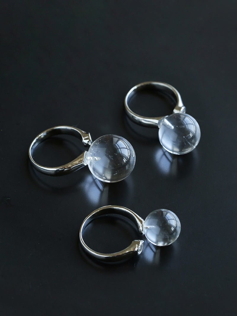 Luminous Clear Quartz Orb Statement Ring - Handcrafted Silver Plated Brass Minimalist Adjustable Ring - floysun