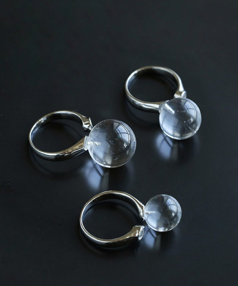 Luminous Clear Quartz Orb Statement Ring - Handcrafted Silver Plated Brass Minimalist Adjustable Ring - floysun