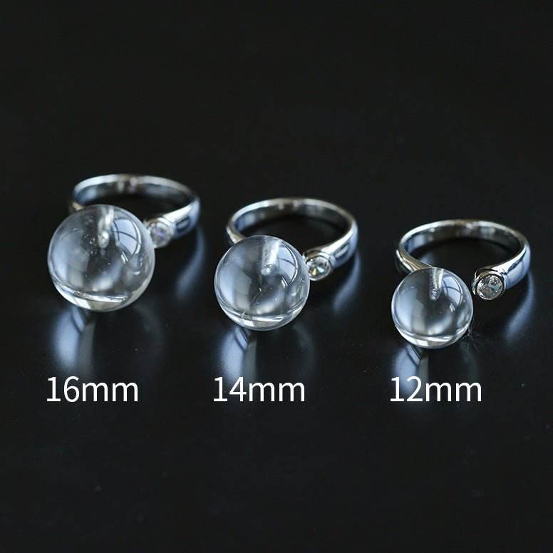 Luminous Clear Quartz Orb Statement Ring - Handcrafted Silver Plated Brass Minimalist Adjustable Ring - floysun