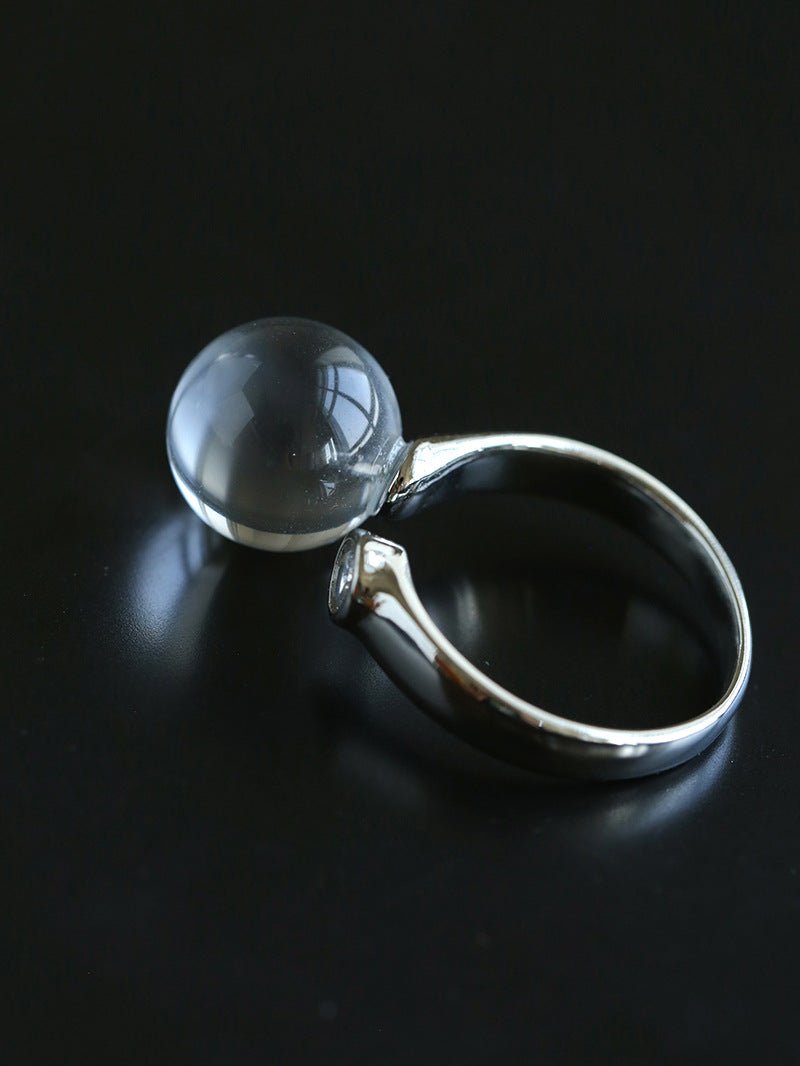 Luminous Clear Quartz Orb Statement Ring - Handcrafted Silver Plated Brass Minimalist Adjustable Ring - floysun