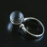Luminous Clear Quartz Orb Statement Ring - Handcrafted Silver Plated Brass Minimalist Adjustable Ring - floysun