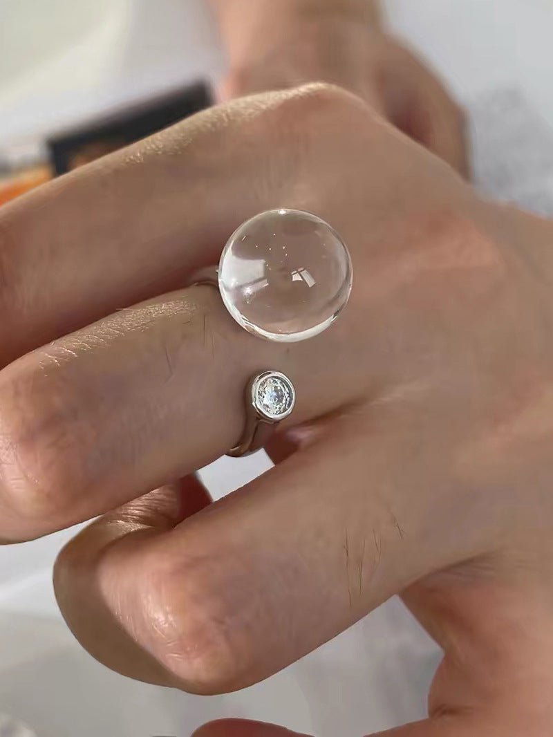 Luminous Clear Quartz Orb Statement Ring - Handcrafted Silver Plated Brass Minimalist Adjustable Ring - floysun
