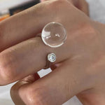 Luminous Clear Quartz Orb Statement Ring - Handcrafted Silver Plated Brass Minimalist Adjustable Ring - floysun