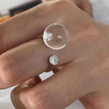 Luminous Clear Quartz Orb Statement Ring - Handcrafted Silver Plated Brass Minimalist Adjustable Ring - floysun