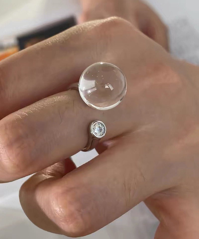 Luminous Clear Quartz Orb Statement Ring - Handcrafted Silver Plated Brass Minimalist Adjustable Ring - floysun