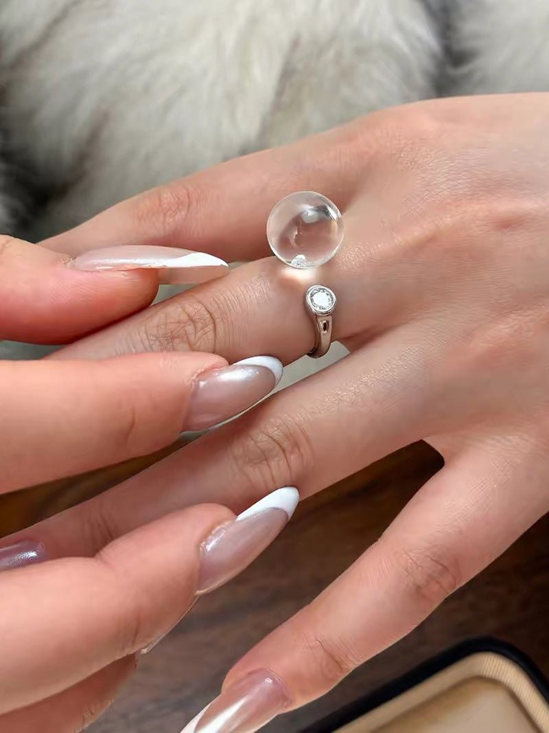 Luminous Clear Quartz Orb Statement Ring - Handcrafted Silver Plated Brass Minimalist Adjustable Ring - floysun