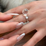 Luminous Clear Quartz Orb Statement Ring - Handcrafted Silver Plated Brass Minimalist Adjustable Ring - floysun
