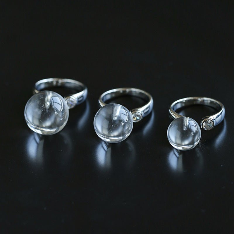 Luminous Clear Quartz Orb Statement Ring - Handcrafted Silver Plated Brass Minimalist Adjustable Ring - floysun