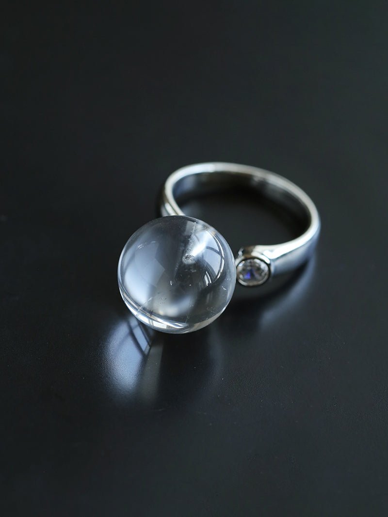 Luminous Clear Quartz Orb Statement Ring - Handcrafted Silver Plated Brass Minimalist Adjustable Ring - floysun