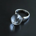 Luminous Clear Quartz Orb Statement Ring - Handcrafted Silver Plated Brass Minimalist Adjustable Ring - floysun