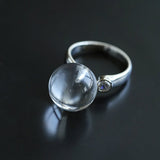 Luminous Clear Quartz Orb Statement Ring - Handcrafted Silver Plated Brass Minimalist Adjustable Ring - floysun