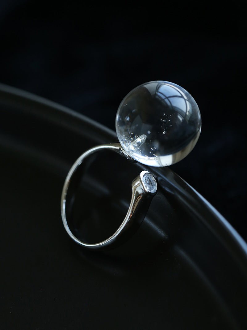 Luminous Clear Quartz Orb Statement Ring - Handcrafted Silver Plated Brass Minimalist Adjustable Ring - floysun