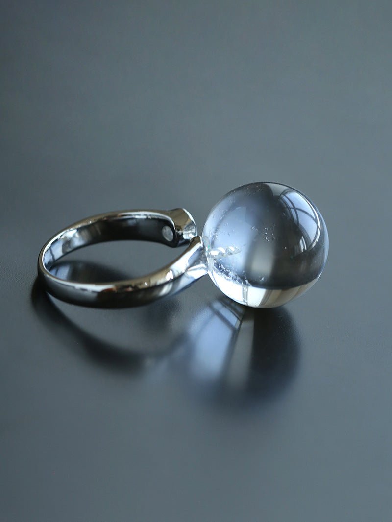 Luminous Clear Quartz Orb Statement Ring - Handcrafted Silver Plated Brass Minimalist Adjustable Ring - floysun