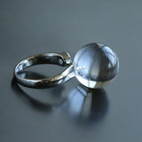 Luminous Clear Quartz Orb Statement Ring - Handcrafted Silver Plated Brass Minimalist Adjustable Ring - floysun